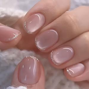 TEMU 24개입 짧은 타원형 네일 팁, 누드 캣아이 부드러운 올매치 글로시 폴리쉬 네일 스티커, 재사용 가능한 여성 데일리 웨어, 축제 파티에 적합, 간편한 부착