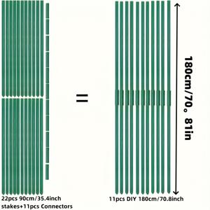 DIY 180cm/70.8인치 그린 가든 식물 지지대 및 연결 세트, 토마토, 가지, 포도나무용 내구성 있는 플라스틱 코팅 금속 말뚝 - 90cm/35.4인치 봉 22개 및 커넥터 11개 포함, 4계절용