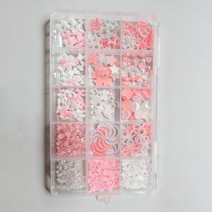 TEMU 15칸 카와이 네일 아트 참 세트 - 3D 리본, 진주, 하트, 별, 달이 포함되어 있으며 핑크 및 화이트 색상으로 아크릴 및 젤 네일 장식에 완벽합니다.