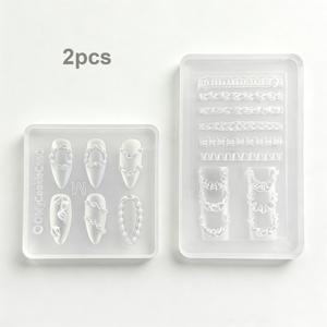 TEMU 네일용 실리콘 몰드 2개 세트. 3D 하트 레이스 디자인과 엠보싱 파이프 패턴이 특징이며 젤 및 레진 적용에 적합합니다. 네일 아트용 투명 모형 템플릿입니다.