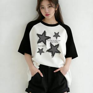TEMU 소녀용 Y2K 티셔츠 레트로 스파이시 걸 심플 스타일 탑 블랙 & 화이트 스플라이싱 트렌디 디자인 Y2K 스타일 프린트 티셔츠 탑 야외 착용에 적합 편안한 저가, 청소년용