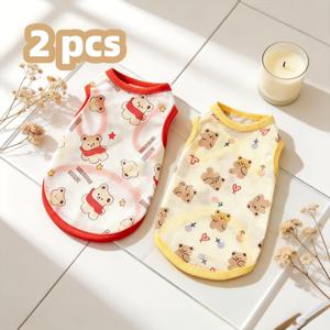 TEMU 귀여운 프린트 반려동물 옷 2개 세트, 가볍고 통기성 좋은 여름용 프린트 강아지 조끼, 강아지와 고양이용, 밝은 빨간색 테두리 또는 따뜻한 노란색 테두리의 사랑스러운 곰 디자인, 봄/여름용 메쉬 원단 강아지 티셔츠 2개, 소형에서 중형견에 적합, 초박형 편안한 반려동물 고양이 의류, 털빠짐 방지