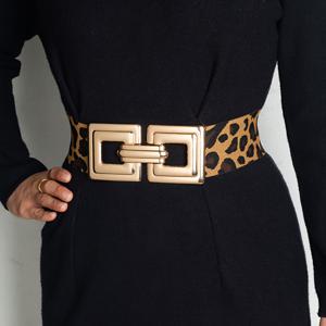 TEMU JL-052 폭 5.6Cm 스타일리시 클래식 프린트 와이드 벨트 레트로 브라운 탄성 허리 벨트 여성용 드레스 코트에 적합, 합금 버클 특징, 데일리룩에 완벽하며 이상적인 선물 선택