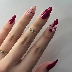 TEMU 짧은 아몬드형 네일 스티커, 네일 아트 스티커, 단색 체리 과일 인조 손톱, 리치 프레스온 네일 리무버블 리본 장식, 여성용 아트 네일 스티커 라인스톤 포함, 네일 스티커 30개