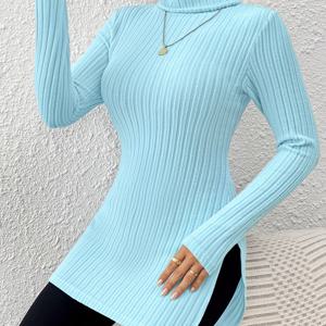 TEMU 여성용 우아한 하이넥 긴팔 터틀넥 탑 사이드 슬릿 - 부드러운 스트레치 솔리드 컬러 셔츠, 기계 세탁 가능 사계절 캐주얼 & 포멀웨어 베이스 레이어, 일상 편안한 니트웨어