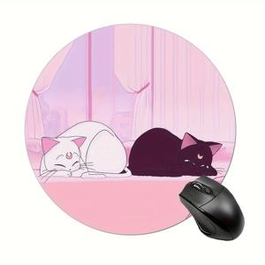TEMU 두꺼운 원형 마우스 패드, 핑크색 애니메이션 디자인 (흰색 & 검은색 고양이), 7.8 x 7.8인치, 두께 3mm. 미끄럼 방지 고무 마우스 패드이며, 훌륭한 책상 액세서리이며, 동료 또는 사무실 선물로 완벽합니다.
