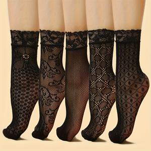 TEMU 여성용 레이스 플로럴 트림 숏 양말 5켤레, 보트 양말, 피쉬넷 스타킹, 프린트 패셔너블 섹시 메쉬 양말, 초박형 투명 발목 양말, 얇은 숏 양말, 여성용 허벅지 하이 스타킹 및 스타킹