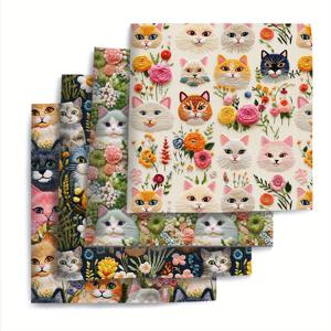 4개 꽃 고양이 퀼팅 패브릭 번들, 19.68x17.7인치 폴리에스터 스퀘어, DIY 공예, 패치워크 및 지갑 제작용 컬러풀 고양이와 꽃 디자인
