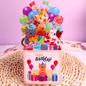 TEMU 1개 재미있는 고양이 생일 축하 팝업 인사말 카드, 빈 메모 & 봉투 포함 – 생일을 위한 컬러풀 파티 초대장, 풍선 & 선물 상자 디자인이 있는 축제 분위기, 고양이 애호가에게 완벽한 축하 카드 | 만화 고양이 그래픽 | 장식적인 생일 카드, 재미있는 생일 카드