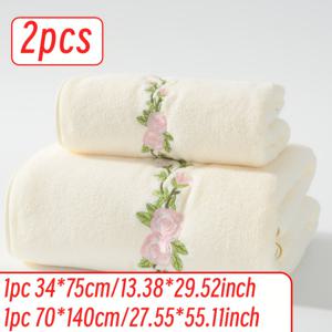 TEMU 2개 세트 1개 34 X 75Cm 및 1개 70 X 140Cm 장미 자수 타월 극세사 코랄 플리스 부드럽고 편안한 흡수성 털 빠짐 없는 머리 세척 타월 핸드 타월 가정용 얼굴 세척 샤워 타월 목욕 타월 세트