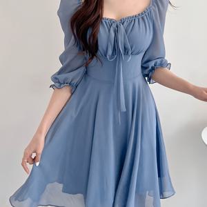 TEMU 여성 드레스 신상 단색 스퀘어넥 반팔 타이 허리 A라인 러플 드레스, 여성 드레스 우아한 고급스러운 휴가 파티 여성 드레스 연말 파티 이브닝 드레스