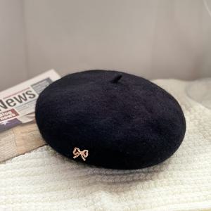 TEMU 여성 솔리드 컬러 캐시미어 베레모, 영국 스타일 레트로 호박 모자, 울 페인터 모자, 메탈 라인스톤 리본 장식, 조절 가능한 머리 둘레