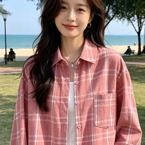 여성용 간편 긴팔 체크 셔츠, 캐주얼 루즈핏 탑 여성 의류, 데일리 아우터 재킷, 사계절에 적합한 부드러운 질감