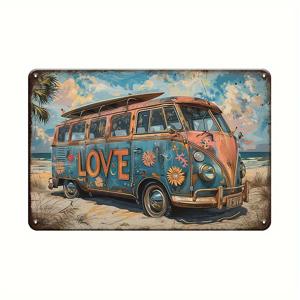 TEMU 빈티지 해변 라이프 버스 캠핑카 메탈 사인 - 히피 플로럴 디자인, 홈 & 오피스 메탈 벽 장식, 20X30Cm