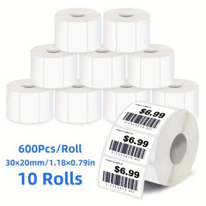 TEMU 10롤 빈 화이트 라벨 스티커, 각 롤당 600장, 크기 30x20mm (1.18