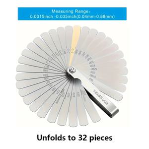 1개 (32개 블레이드 포함) 스테인리스 스틸 두께 게이지 0.015-0.35인치/0.04-0.88mm 미터법/인치법 듀얼 마킹, 전자 기기 & 몰드 제작용 갭 측정 도구