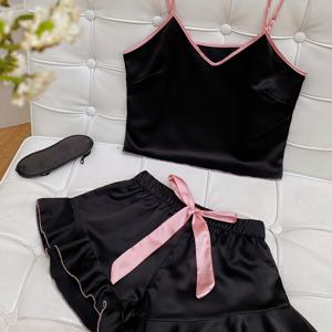 TEMU 3pcs 여성용 패션 캐주얼 V넥 카미솔 숏팬티 파자마 세트 + 사계절용 아이 마스크