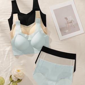 TEMU 3pcs 초극세사 통기성 속옷 세트, 우아한 심플한 단색, 무지, 가벼운 상단, 집게 및 리프팅, 시원하고 통기성 좋음, 편안함, 버클 없는 고탄력 브라 및 팬티 세트
