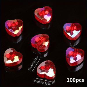 TEMU DIY 주얼리 제작용 8mm 면처리된 레드 유리 하트 구슬 100개, 반짝이는 여성을 위한 발렌타인데이 선물, 공예용 구슬 유리 구슬, 주얼리 제작 용품