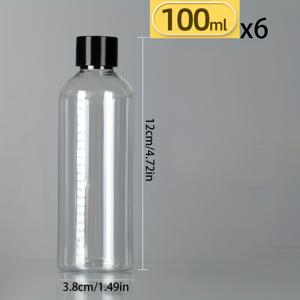 6개 투명 플라스틱 병 (검은색 나사 캡 포함), 10ml/20ml/30ml/50ml/100ml 눈금 측정 분배 용기, 실험실, 교실 또는 가정 보관에 적합, 내구성 있는 재사용 가능 보관 용기