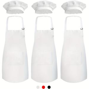 TEMU 3개 어린이 앞치마 세트 (주방모 포함) - 튼튼한 폴리에스터, 세탁기 사용 가능, 조절 가능한 스트랩, 포켓 - 요리, 베이킹, 그림 그리기, 훈련복, 공예, 옷 입기, 의상 놀이에 적합, 흰색, 빨간색, 검은색, 요리 앞치마 | 조절 가능 앞치마 | 튼튼함