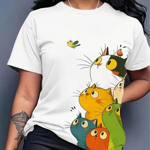발랄한 스타일 멀티컬러 고양이 프린트 화이트 티셔츠, 귀여운 만화 동물 패턴 루즈핏 반팔 상의, 여아용 하트 멜팅 재미있는 의상