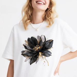TEMU DIY 다리미 열전사 스티커, 검은색 꽃무늬와 금색 테두리, 티셔츠, 청바지, 스웨트셔츠, 베개에 적합, 고품질, 열전사 데칼, 오래 지속되고 내구성 있는, 비닐 소재, 다리미 열전사 스티커, 재단 불필요