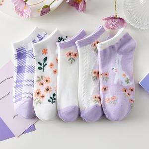 5켤레 보라색 토끼와 플로럴 여성용 숏 삭스 | 원단, 손세탁 관리
