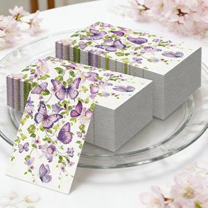 보라색 나비꽃 일회용 냅킨 20개입 팩, 결혼식, 생일, 베이비 샤워에 적합 - 수채화 꽃무늬 테이블 장식용 우아한 종이 냅킨, 파티, 신부 샤워, 티 행사, 춘하절 & 부활절용