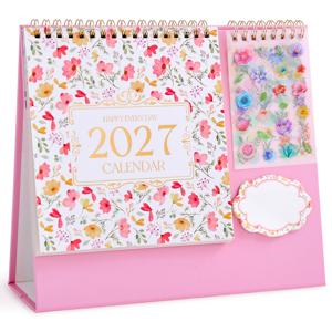 TEMU 2027년 스탠딩 플립 데스크 데일리 캘린더, 2026년 9월 ~ 2027년 12월, 플로럴 플래너 캘린더 (스티커 포함), 메모, 할 일 목록용 줄자 페이지