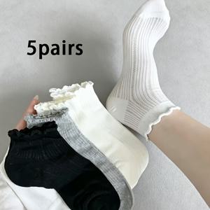 TEMU 5켤레 ' 봄 여름 스위트 러플 레이스 숏 삭스, 솔리드 세로 할로우 메시 숏 삭스, 한국 트렌디 여성용 가벼운 다용도 니트 삭스
