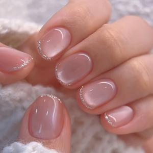 TEMU 24개 타원형 프레스온 고양이 눈 네일 패치, 글리터 프렌치 엣지 디자인 누드 핑크 재사용 가능한 인조 인조 네일, 여성 데일리, 파티, 모임 네일 아트 장식