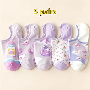 TEMU 5켤레 봄 여름 핑크-보라색 귀여운 소 패턴 여아용 투명 노쇼 양말, 부드럽고 편안하며 통기성이 좋으며 아름답고 다용도로 데일리룩에 적합, 십대용
