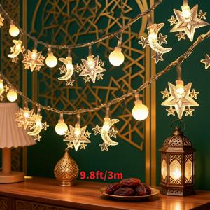 TEMU 9.8피트/ LED 스트링 라이트 (라마단 별, 달, 미니 볼 포함). 발렌타인데이, 새해, 무슬림 홈 축제 장식에 적합. AA 배터리 작동 (배터리 미포함)
