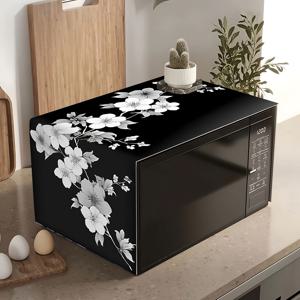 TEMU 2D 평면 장식용 다기능 전자레인지 먼지 커버, 화이트 플로럴 패턴, 블랙 모던 가전제품 보호 커버, 주방 장식, 2D 평면