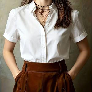 유럽 및 미국 여성용 우아한 사계절 단색 반팔 셔츠