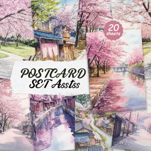 TEMU ASSTSS 빈티지 일본 벚꽃 거리 엽서 20개 팩 - 4x6인치 잡지 저널 용품, 클래식 핀업 일러스트 수집용 장식 페인팅 카드, 스크랩북킹 및 공예용