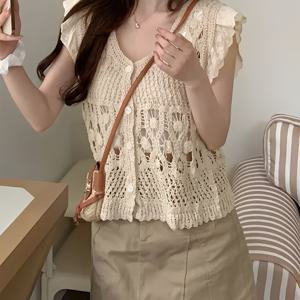 TEMU 휴가 테마 오픈워크 크로셰 레이스 브이넥 플러터 슬리브 여름 아우터웨어 베스트 가디건 루즈핏 하이웨이스트 상의