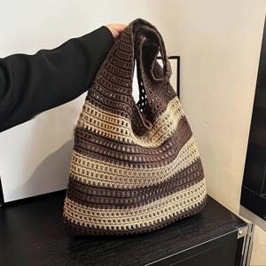 TEMU 1개 패션 여성용 우븐 핸드백 크로셰 우븐 가방 니트 핸드백 비치 백, 여름 여성 빈티지 바캉스 스타일 핸드메이드 우븐 장식 숄더 크로셰 대용량 핸드백