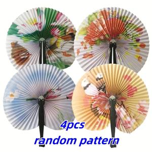 미니 중국풍 수묵화 수묵화풍 핸드헬드 꽃 접이식 종이 부채 4개 세트 조합, 결혼식 생일 파티 선물 (검은색 손잡이), 랜덤 부채면도 패턴 포함