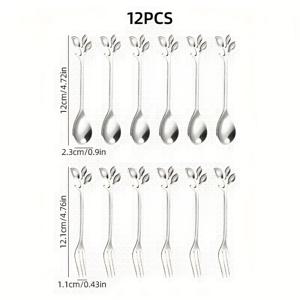 12개 세트 실버 스테인리스 커피 & 디저트 숟가락 - 잎사귀 디자인, 광택 마감, 식기세척기 사용 가능, 과일·애프테이저용, 홈파티·웨딩·행사에 완벽한 스테인리스 스푼