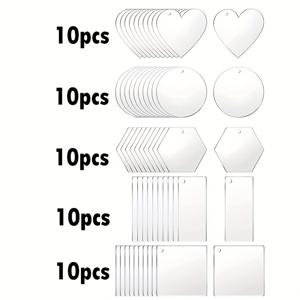 50개입, (하트 10개, 사각형 10개, 원 10개, 육각형 10개, 직사각형 10개) 구멍이 있는 아크릴 블랭크, 축제 펜던트, 걸이 장식, 투명 아크릴 디스크 원형 대량, 키체인 장식 페인팅 및 비닐 공예 프로젝트용