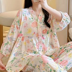TEMU 여성용 플로럴 파자마, 삼분의 일 소매 발목 바지, 가볍고 시원한 여름용 에어컨 웨어, 봄/가을 카디건 세트