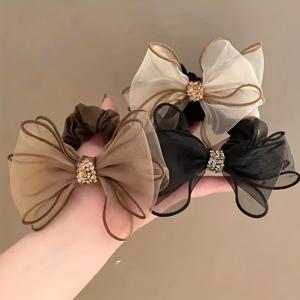 TEMU 3개 세트 우아한 레트로 라인스톤 리본 헤어밴드 - 높은 탄성 여성용 헤어 밴드, 메시 및 패브릭 디자인, 브라운/블랙/화이트, 반짝이는 액센트로 완벽한 스타일리시한 업스타일