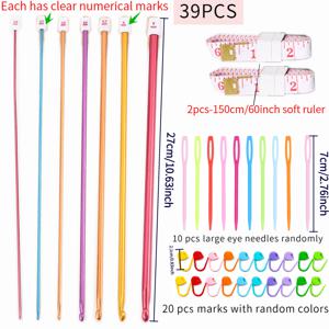 TEMU 튀니지 크로셰 훅 세트, 7pcs 튀니지 훅 (2mm/2.5mm/3.5mm/4.5mm/5.5mm/6mm/8mm), 27cm 길이, 20pcs 컬러 스티치 마커, 10pcs 대형 눈 바늘, 2pcs 60인치 소프트 줄자, DIY 니팅 신발 깔창, 스웨터, 스카프, 코스터, 모자, 담요, 소형 인형 제작에 완벽