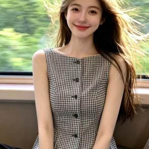 TEMU 프렌치 빈티지 체크 조끼 여성용 여름 얇은 소재 허리조임 슬림핏, 단독착용&레이어드 가능 민소매 베스트