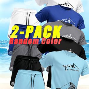 TEMU 남성용 캐주얼 운동복 세트 2종 랜덤 색상, 프린팅 반팔 티셔츠 + 드로스트링 반바지 2종 세트, 여름 데일리 피트니스 비치웨어 세트, 랜덤 혼합 색상