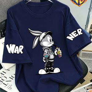 TEMU 트렌디한 벅스 버니 스트리트 프린트, 만화 밀크티 버니 캐릭터 패턴, Warner Bros. IP 스타일 남성용 티셔츠, 캐주얼 패션 활용도 높은 새로운 남성용 상의, 트렌디한 스트리트웨어 니치 디자인 반팔, 일상 출퇴근, 파티, 휴일 데이트, 휴가 여행, 학생, 커플 의상, 부모-자녀 매칭, 생일 및 휴일 선물용으로 적합