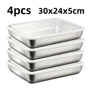TEMU 4개 세트 30cm*24cm 대형 스테인리스 스틸 식품용기 + 플라스틱 뚜껑 - 쌓기 가능한 재사용 만두 트레이, 케이크 베이킹 트레이, 만두, 과일, 야채 보관용 주방용기