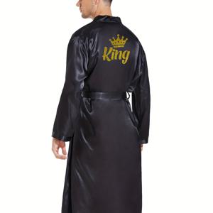 TEMU 남성용 광택감 있는 편안한 KING 프린트 가운, 홈웨어 파자마용 원피스 레이스업 기모노 나이트로브 세트, 목욕 후 착용